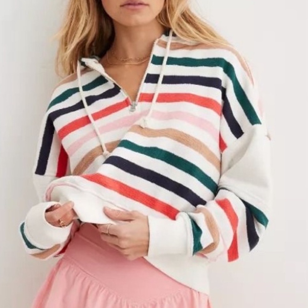 Aerie Restart 1/4 Zip Colorful Cropped Striped Hoodie Beach/Pool/Boat Day Sz S